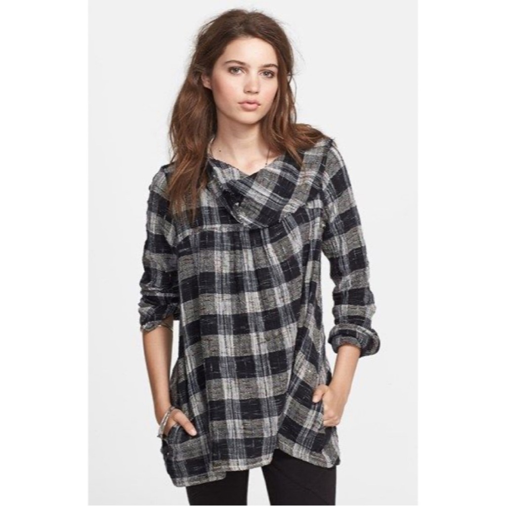 Free People Walk In The Park Black and Gray Plaid Cowl Neck Cotton Top